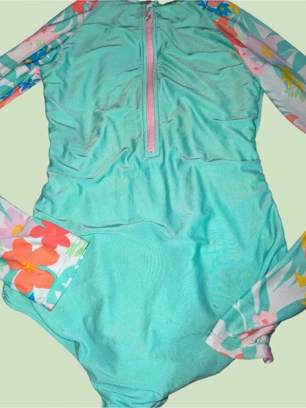 Cat & Jack Mint Green Floral Long Sleeve Rash Guard One Piece Swimsuit - L 10/12